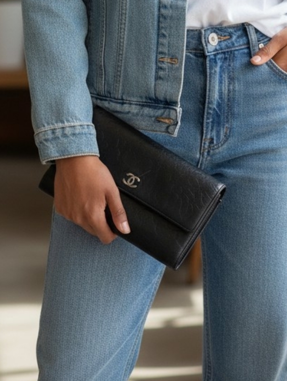 Chanel Lambskin Camellia Embossed  Long Flap Wallet - Black (GUC)
